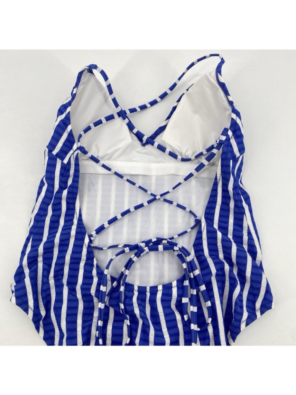 J.Crew Size 10 Blue White Lace Up Back One Piece Swimsuit Puckered Stripe H2911 - Picture 11 of 14